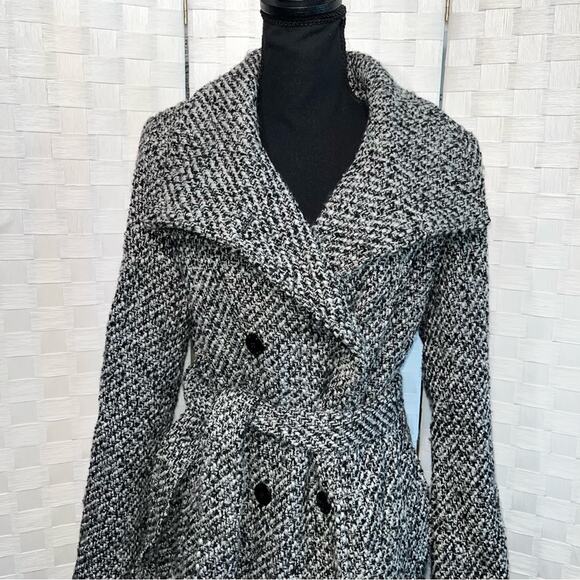 Calvin Klein Tweed Double Breasted Pea Coat Wool Blend Belted Jacket Womens 8 - Picture 2 of 16